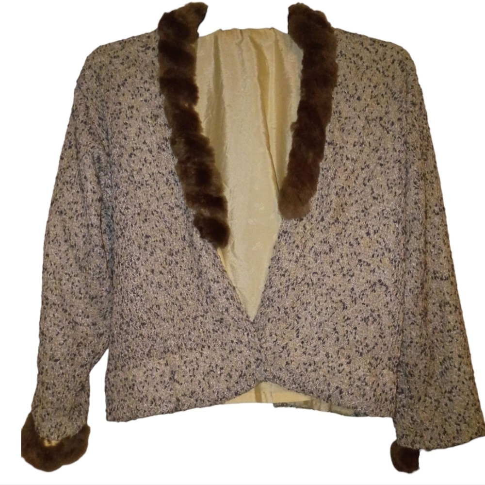 🦄Tweed Fur Elegant Cream and Brown Pea Coat Size M